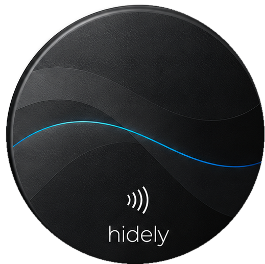 Hidely black circular NFC Coin with the matching blue wave design